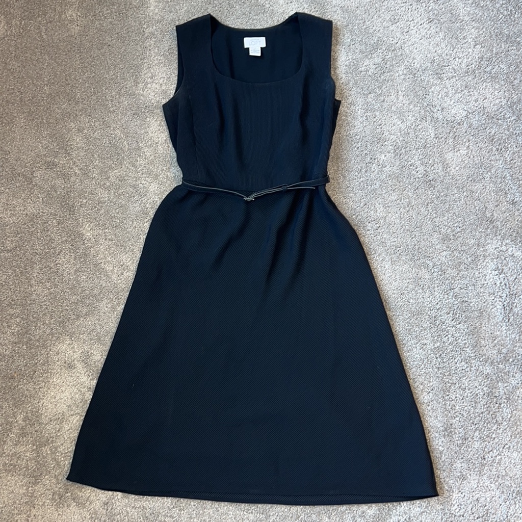 Classic Black & Micro Polka Dot Belted Dress